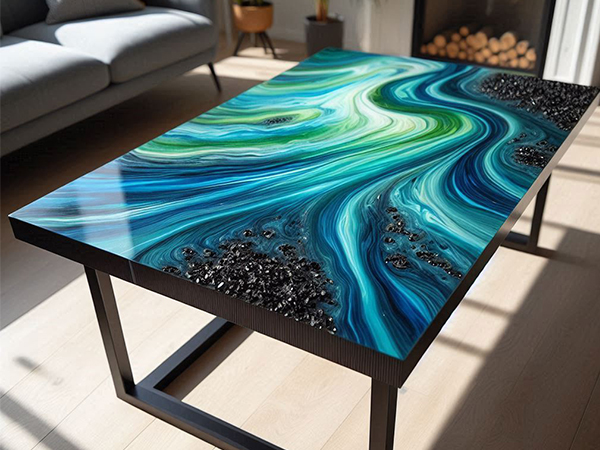 a epoxy table made with pourla epoxy resin and carbon fiber flakes