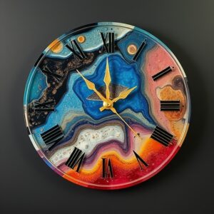 colorful epoxy resin clock made by pourla artist