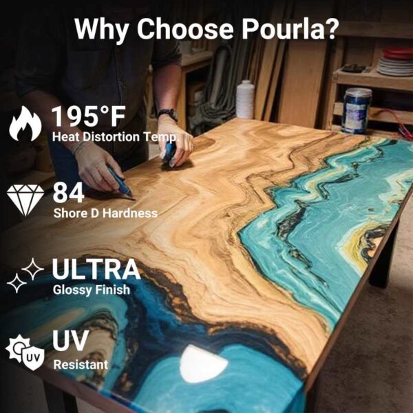 pourla countertop epoxy has 195 heat distortion temp, 84 shore d hardness, ultra glossy finish, and uv resistant