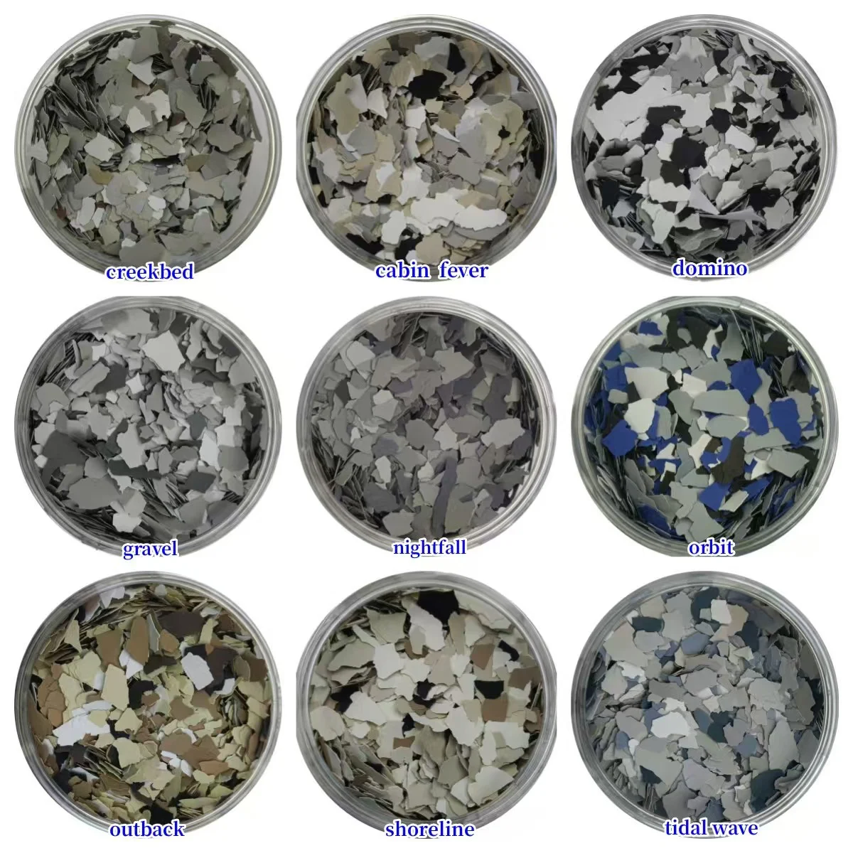 Epoxy flakes color samples for garage floor coating and decorative polyaspartic flake flooring systems. Epoxy flakes color samples for garage floor coating and decorative polyaspartic flake flooring systems.