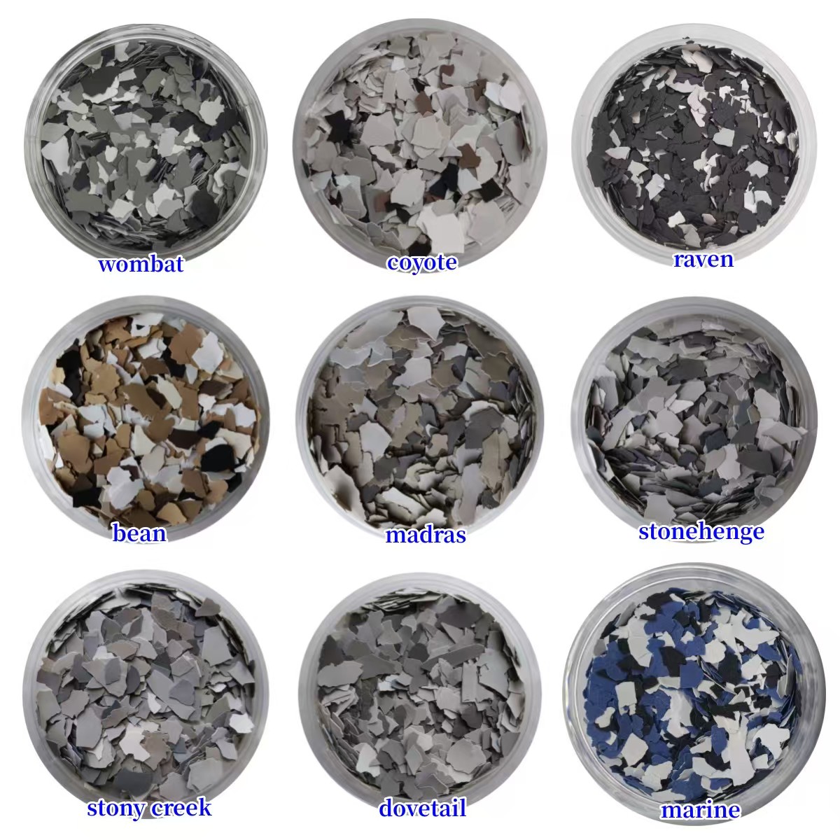 PORULA Epoxy flakes color samples for garage floor coating and decorative polyaspartic flake flooring systems.