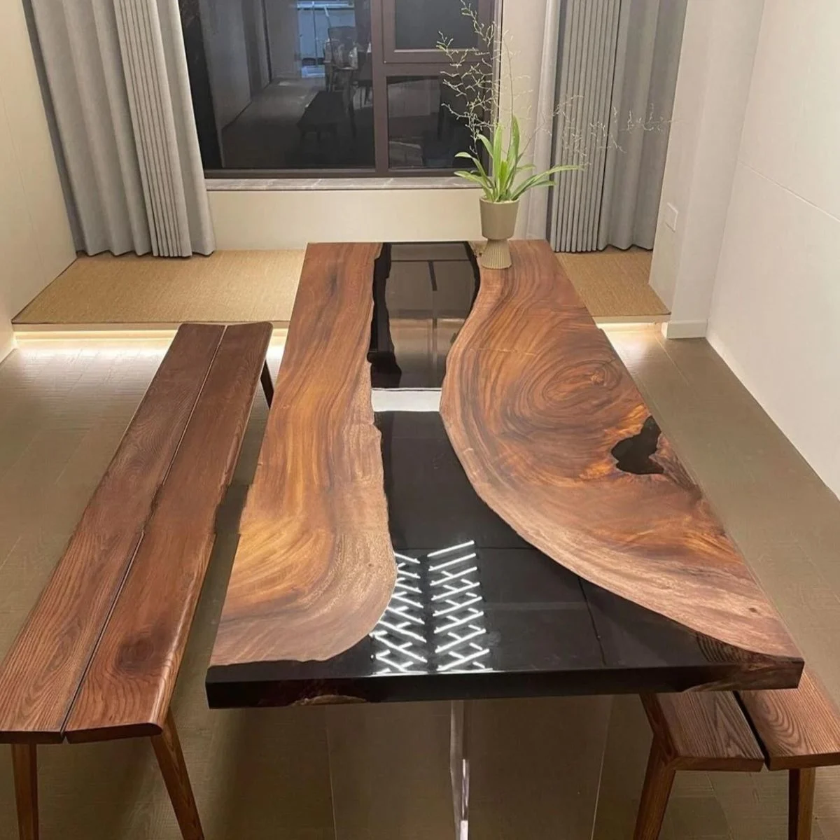 clear dark epoxy river table
