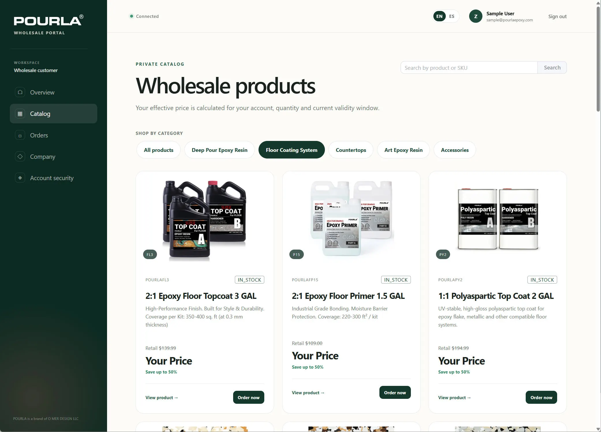 POURLA private catalog showing wholesale epoxy resin products and account-specific pricing